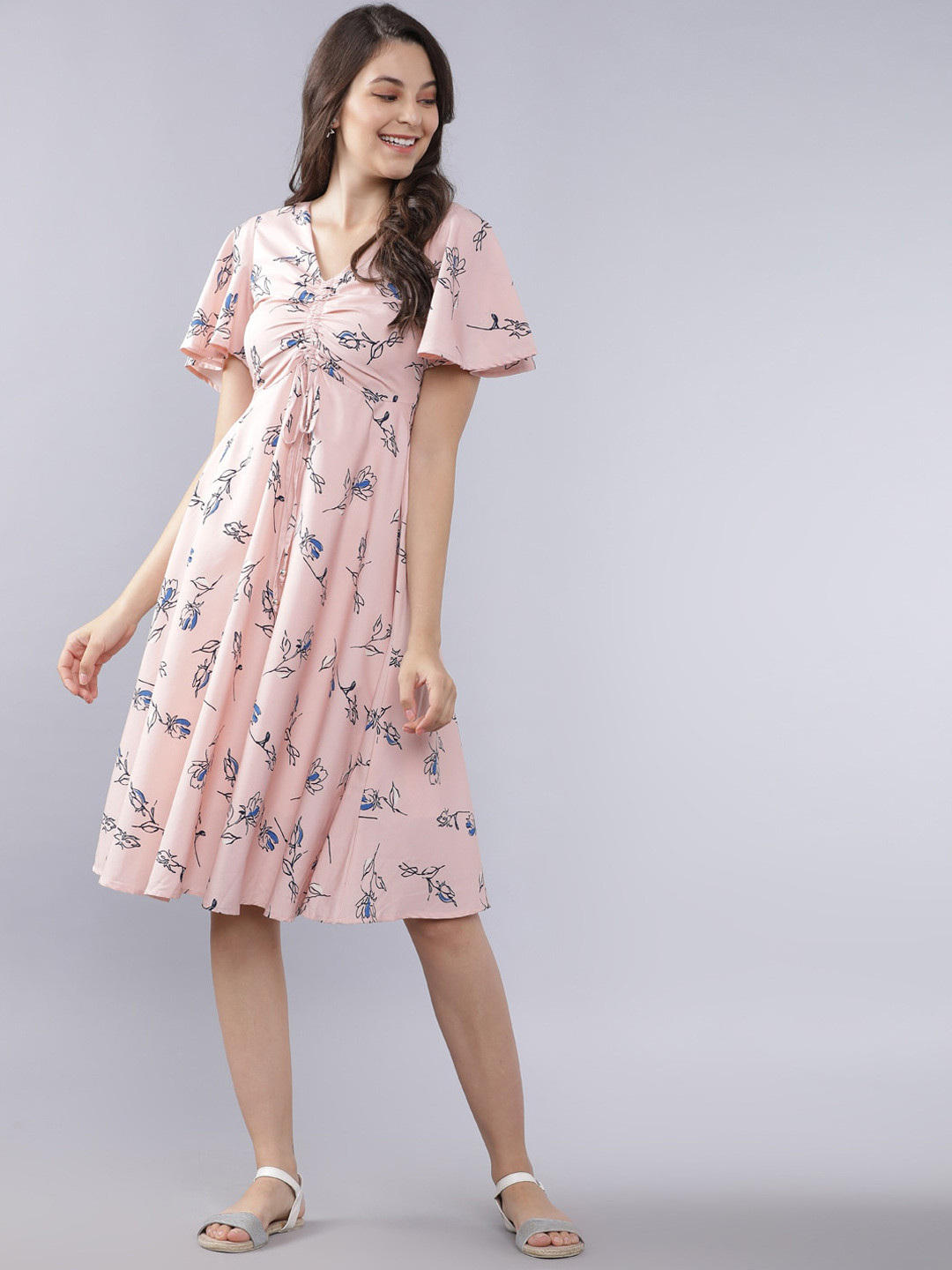 

Tokyo Talkies Women Pink & Navy Blue Floral Printed Fit and Flare Dress