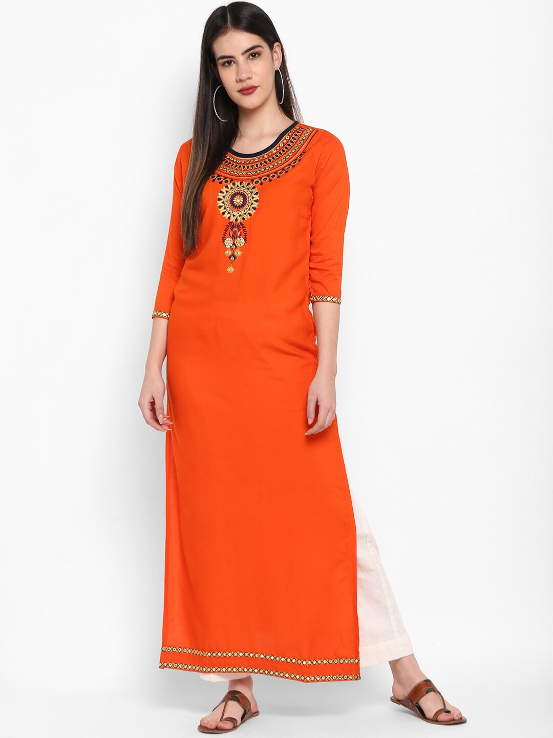 

Aprique FAB Women Orange & Black Yoke Design Straight Kurta