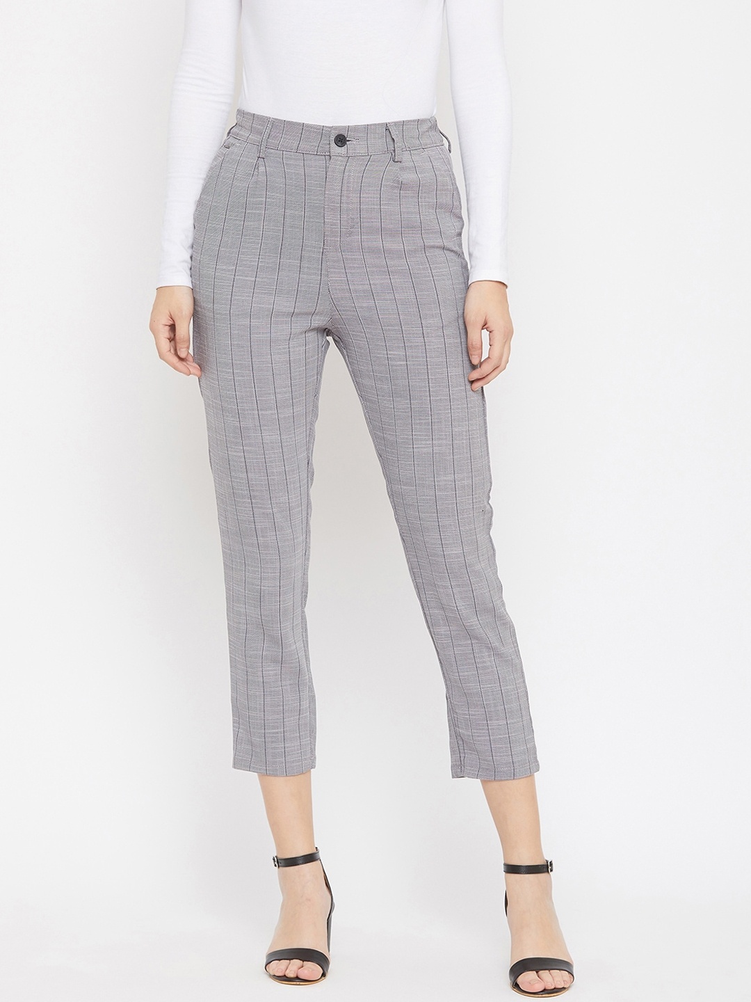 

Crimsoune Club Women Grey Smart Regular Fit Checked Formal Trousers