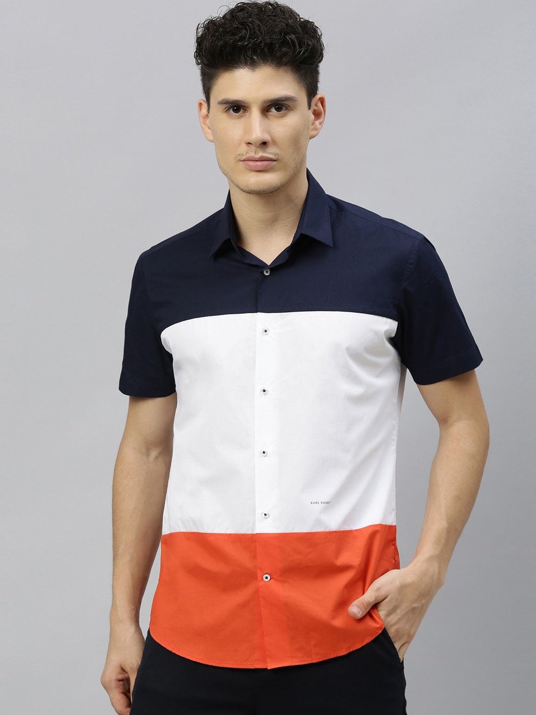 RARE RABBIT Men Block-2 Regular Fit Colourblocked Shirt, Navy blue