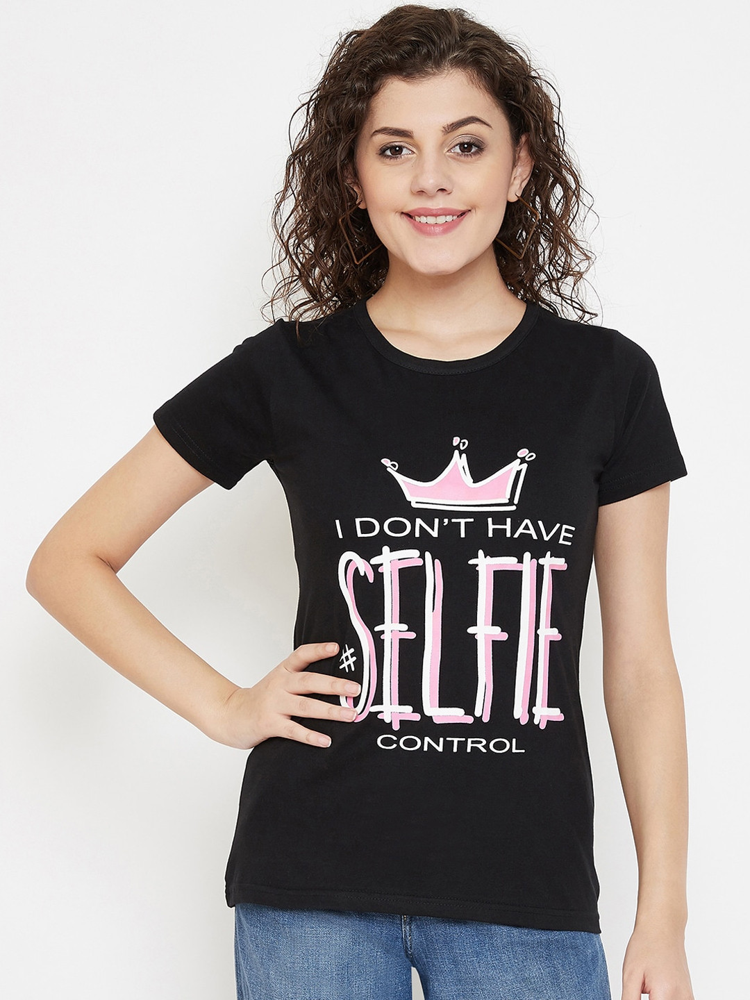 

Purple Feather Women Black & Pink Printed Round Neck T-shirt