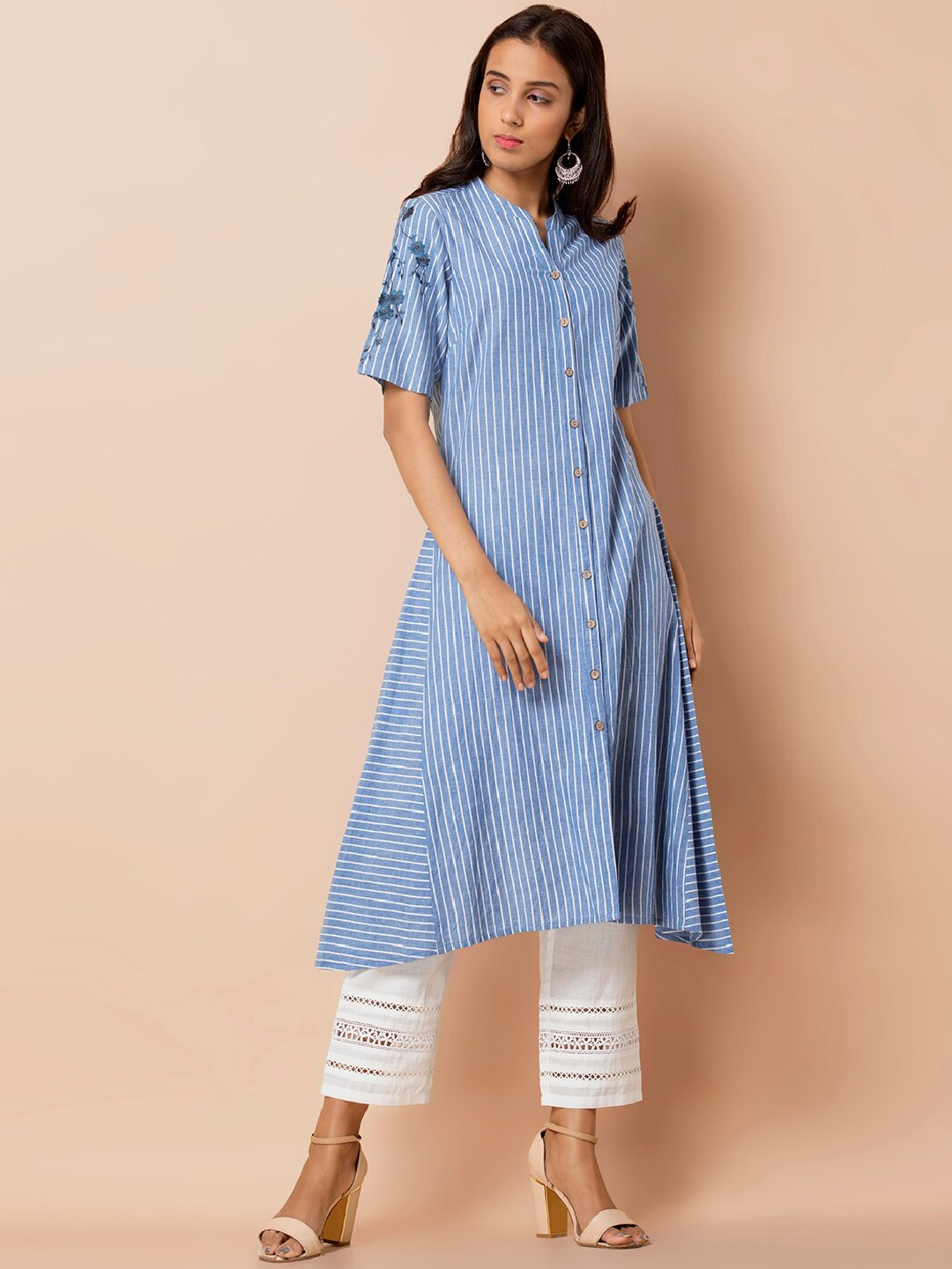 INDYA Blue Striped Embroidered Kurta