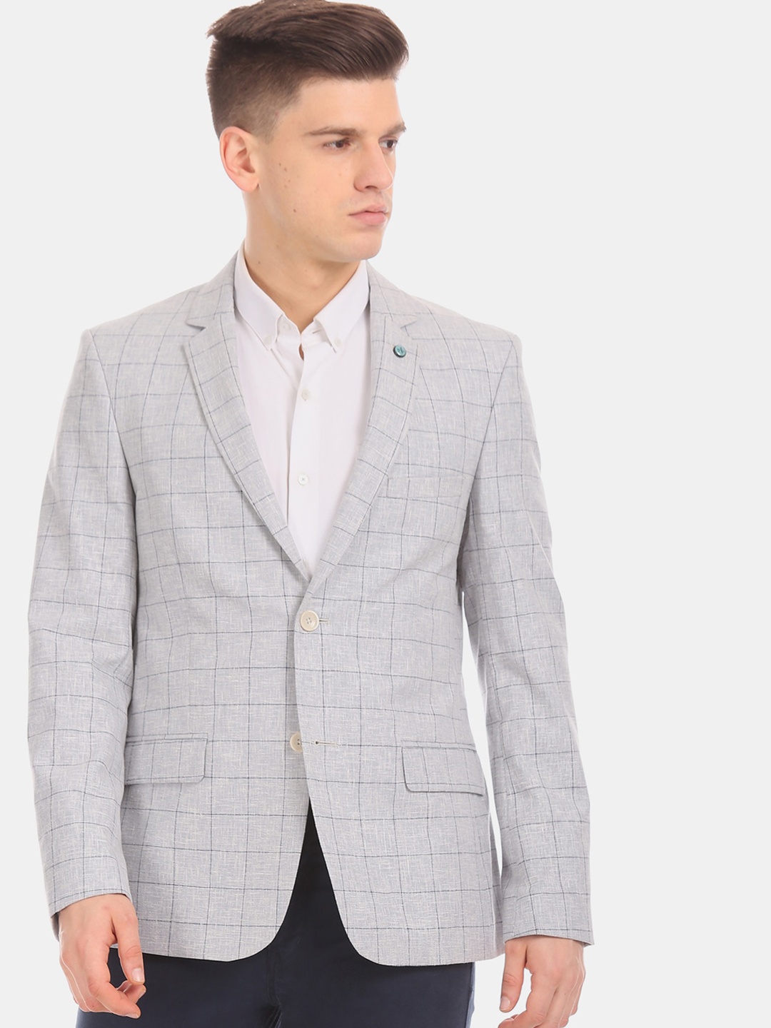 

Arrow Men Grey Checked Slim-Fit Single-Breasted Formal Blazer