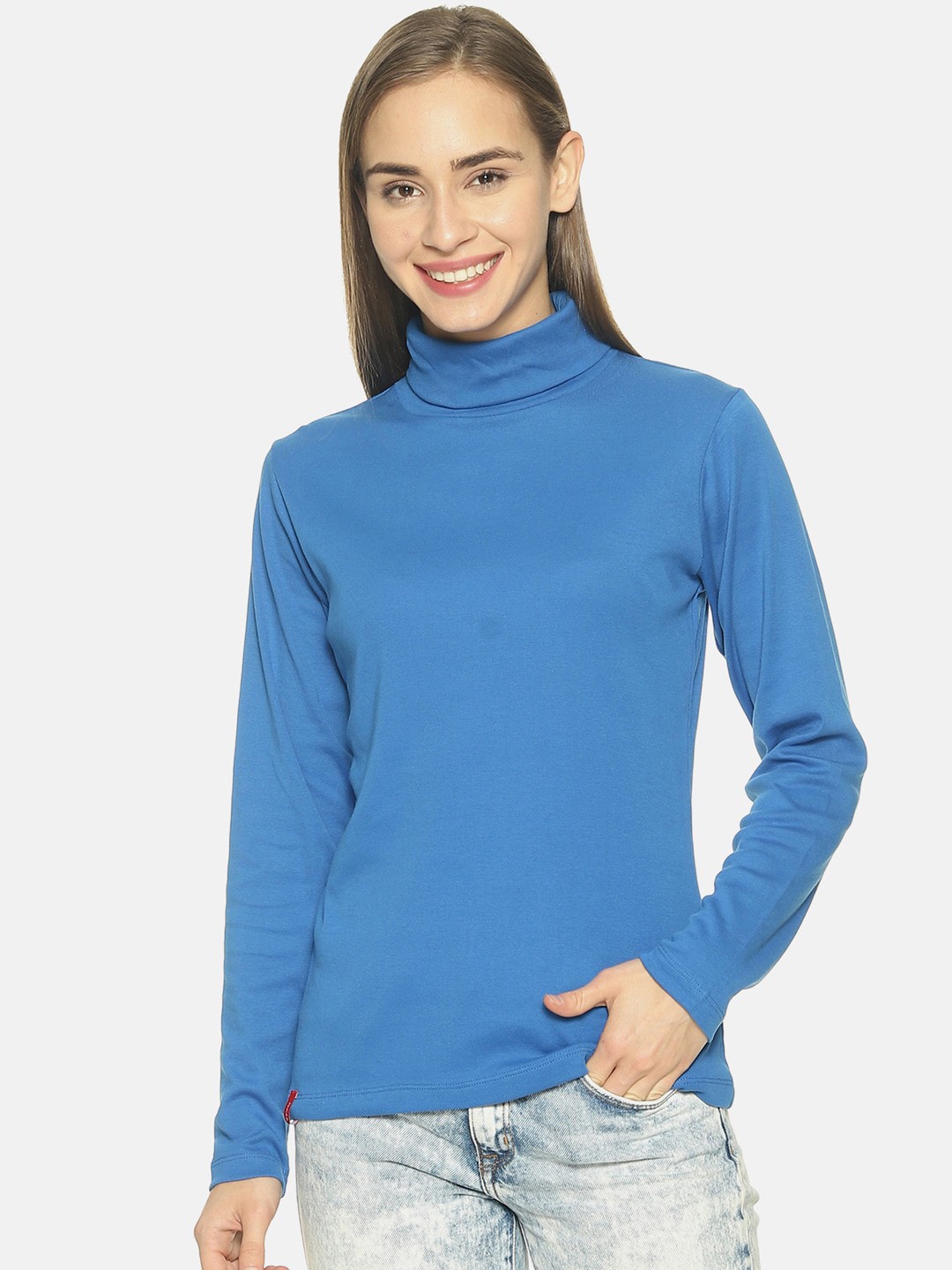 

FEMEA Women Blue Solid Turtle Neck Pure Cotton Top