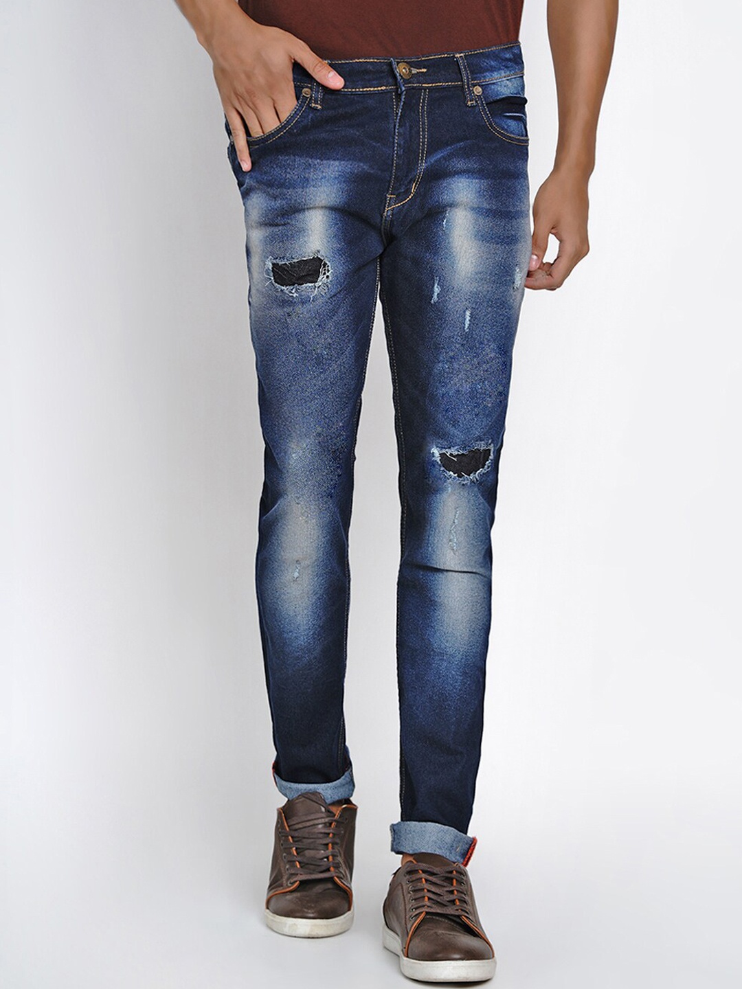 

Dais Men Navy Blue Skinny Fit Mid-Rise Low Distress Stretchable Jeans
