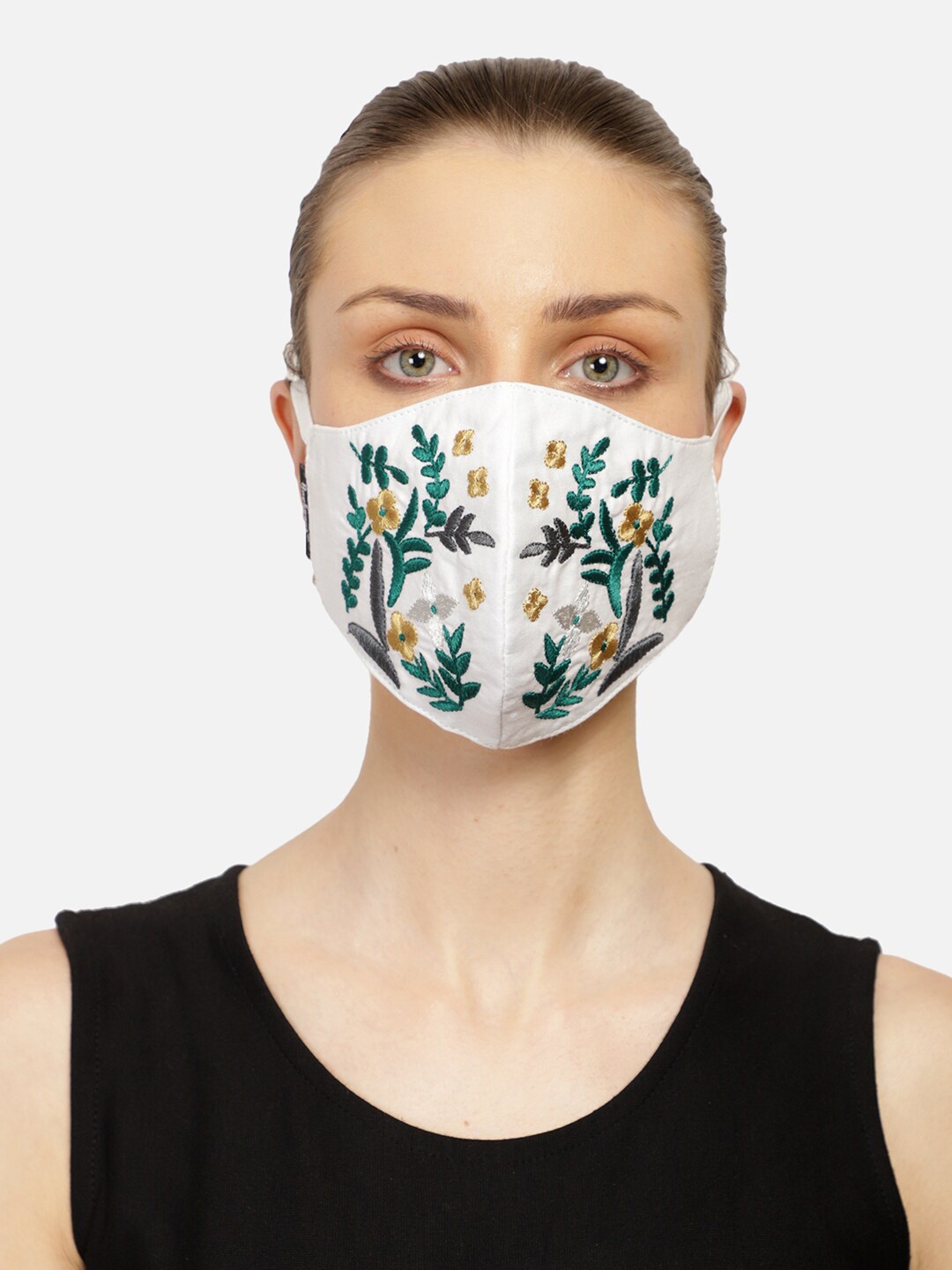 Anekaant Women 3-Ply Reusable White & Green Floral Embroidered Cloth Mask