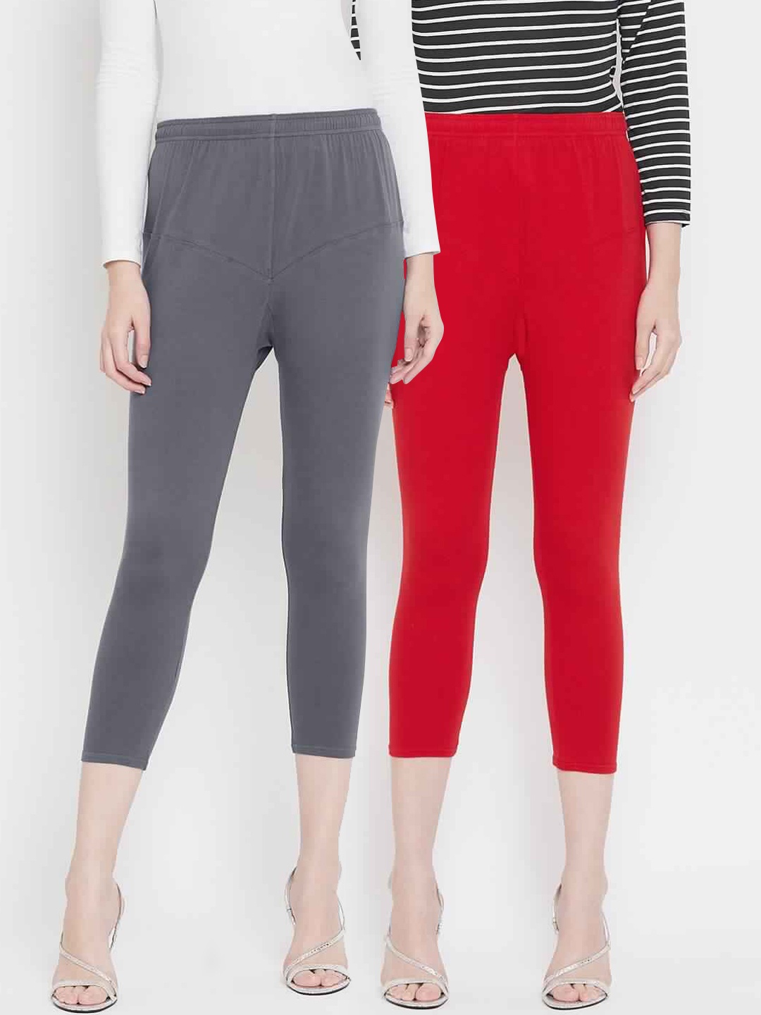 Tulsattva Women Pack Of 2 Solid Three-Fourth Length Leggings, Grey
