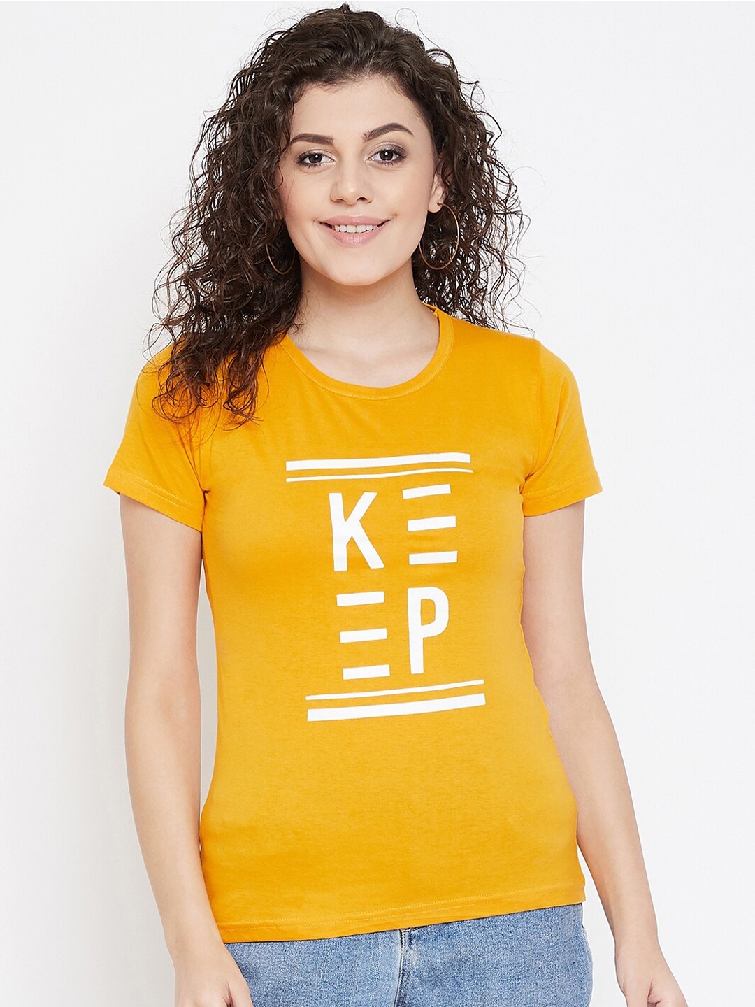 

Purple Feather Women Mustard Printed Round Neck T-shirt
