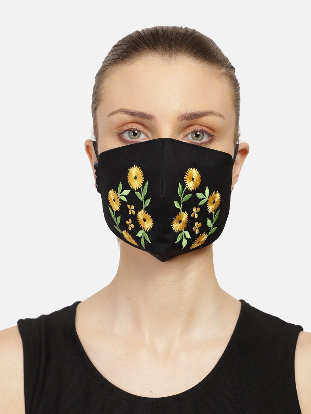 

Anekaant Women 3-Ply Reusable Black & Yellow Floral Embroidered Cloth Mask