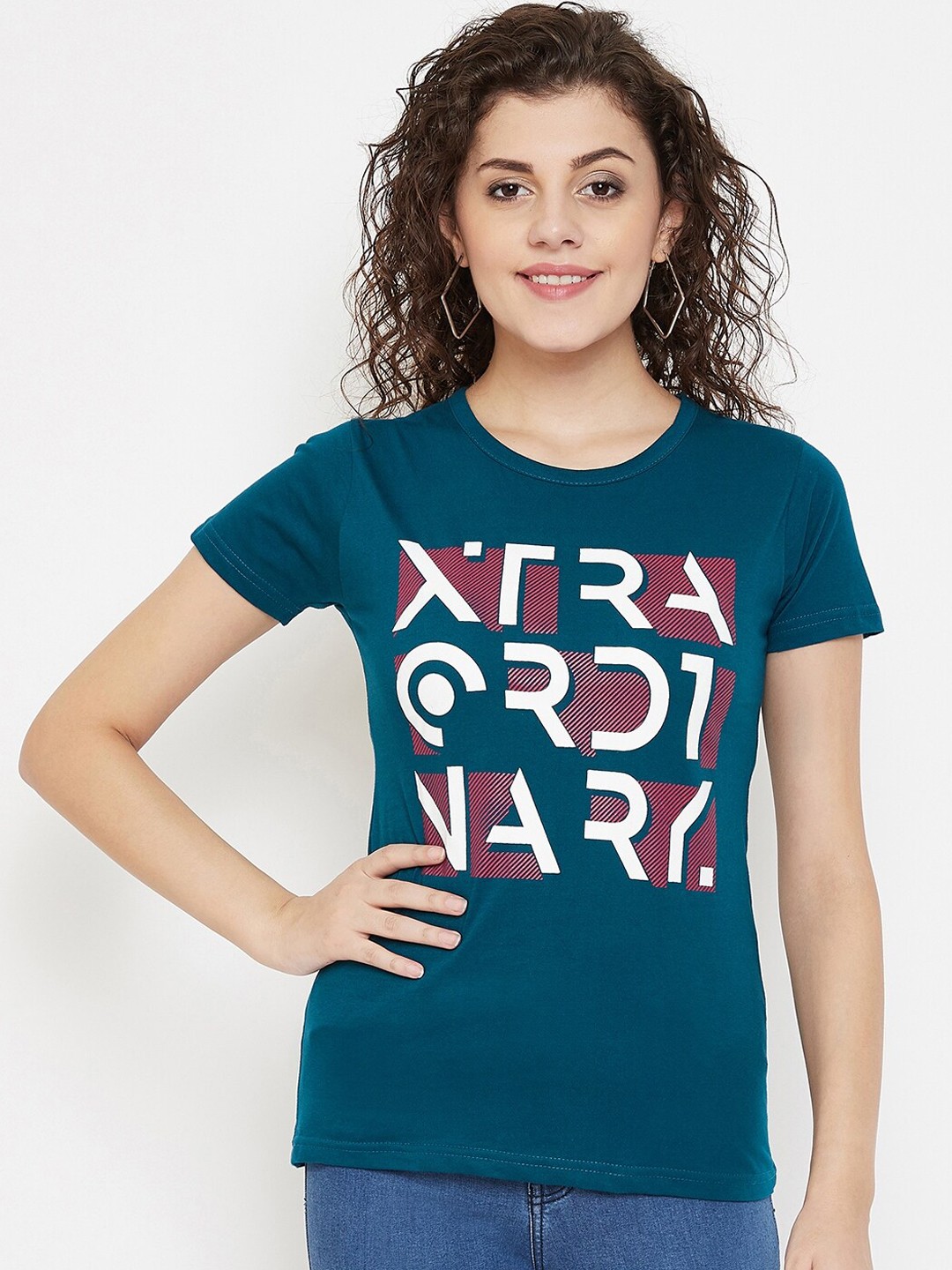 

Purple Feather Women Blue Printed Round Neck T-shirt