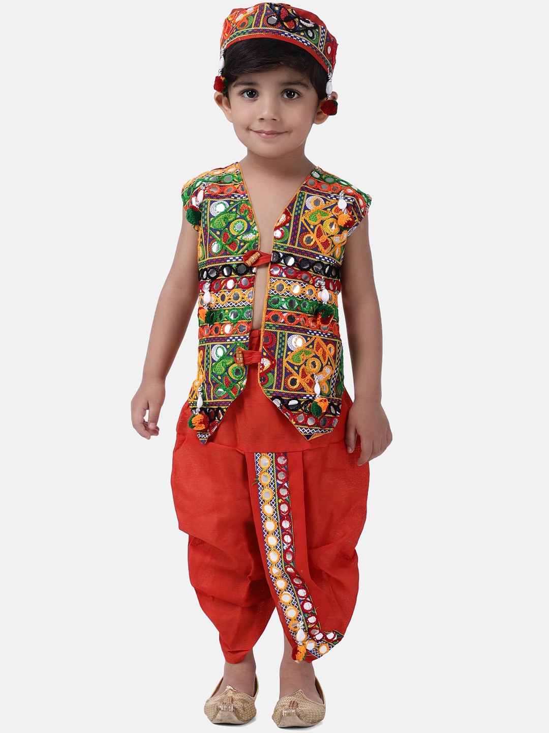 

BownBee Boys Orange Embroidered Jacket & Dhoti Pants with Cap