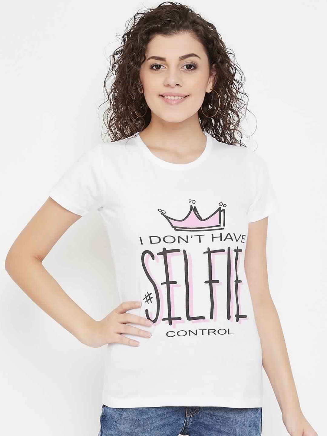 

Purple Feather Women White Printed Round Neck T-shirt