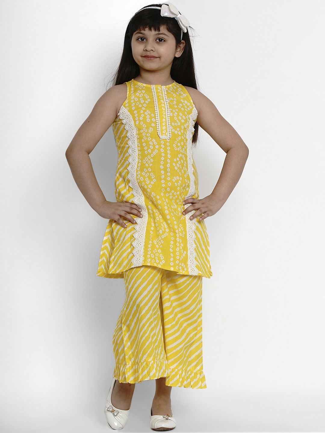 

Bitiya by Bhama Girls Yellow & White Printed Kurti with Palazzos