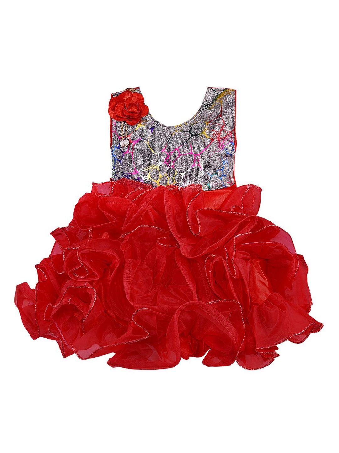 

Wish Karo Infant Girls Red & Silver-Coloured Colourblocked Embellished Fit and Flare Dress