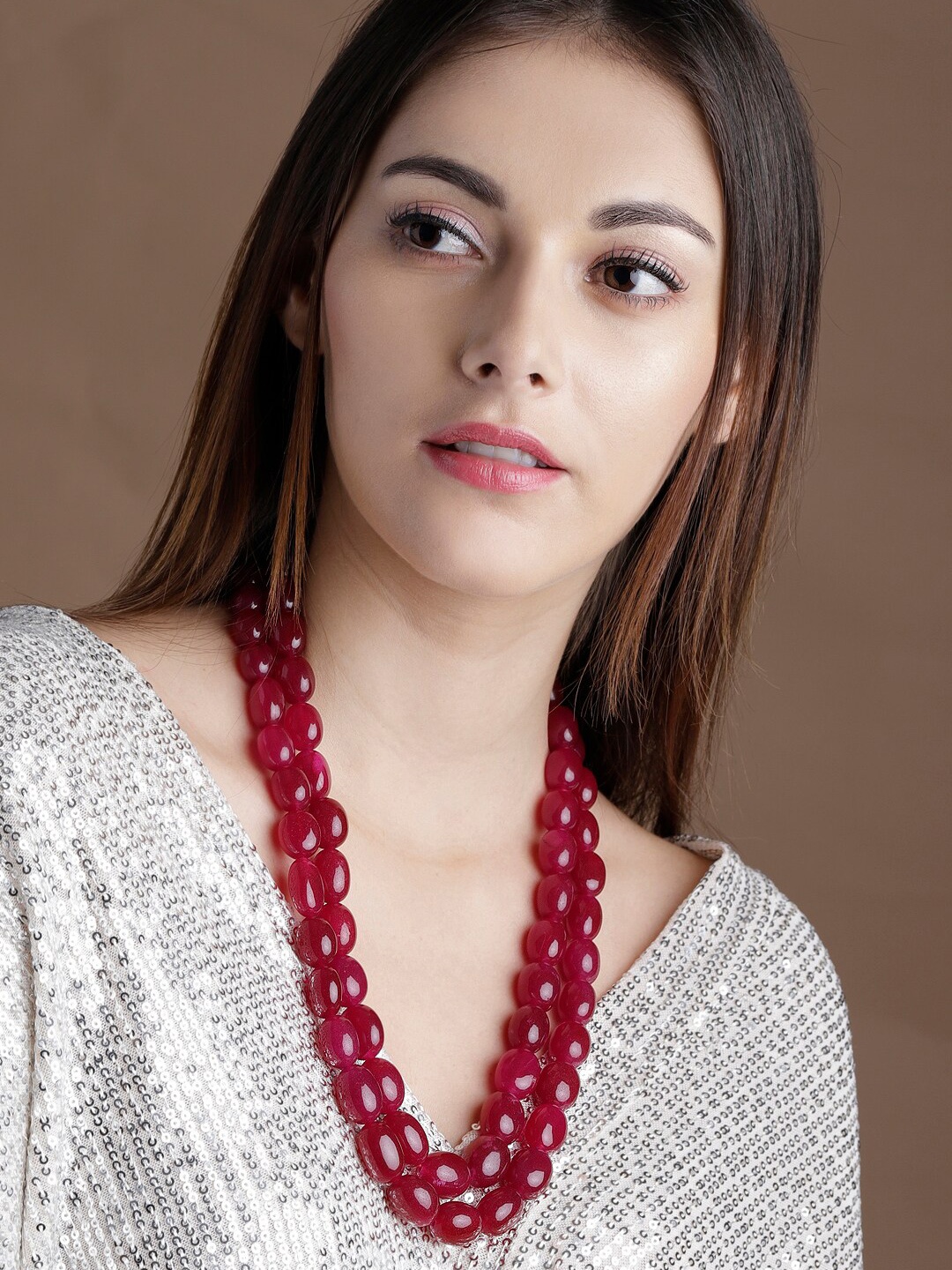 

Rubans Red Handcrafted Gemstone Multi Layered Necklace, Maroon