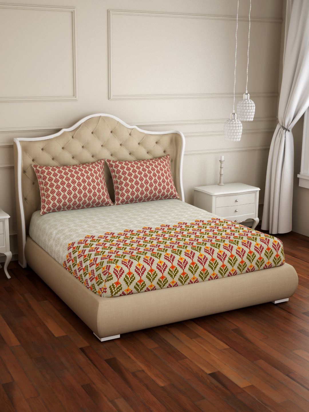 Spaces Atrium Plus Floral Maroon 1 King Size Fitted Sheets With 2 Pillow Cover, Multi