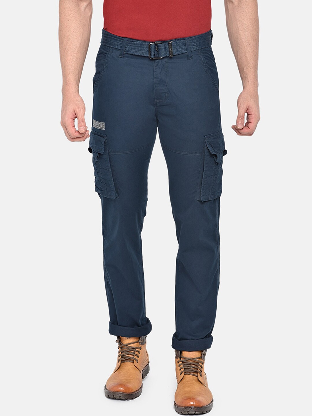 

beevee Men Navy Blue Solid Relaxed Regular Fit Cargos with Belt