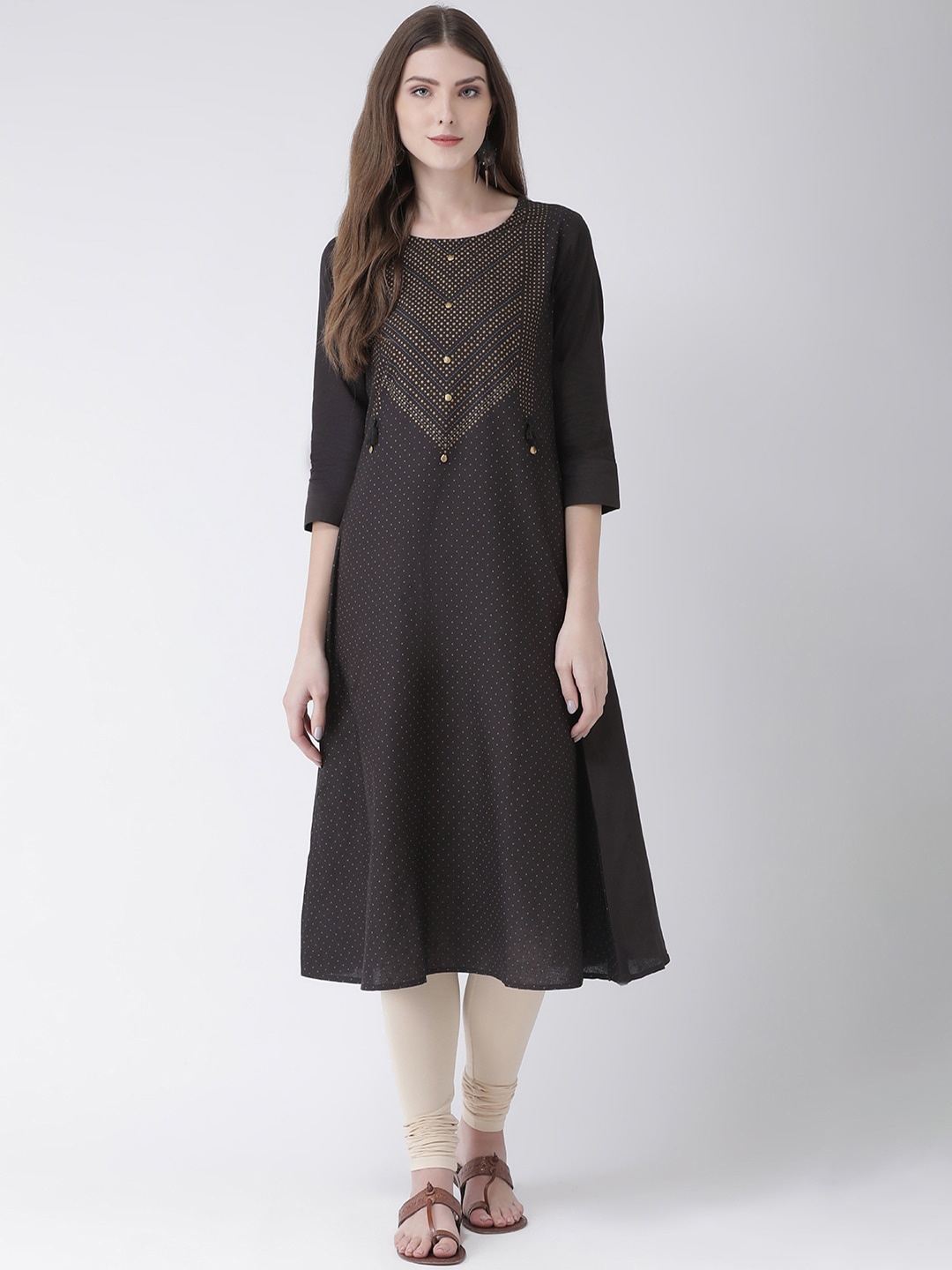 

Span Women Charcoal & Gold Polka Dots Print A-Line Kurta