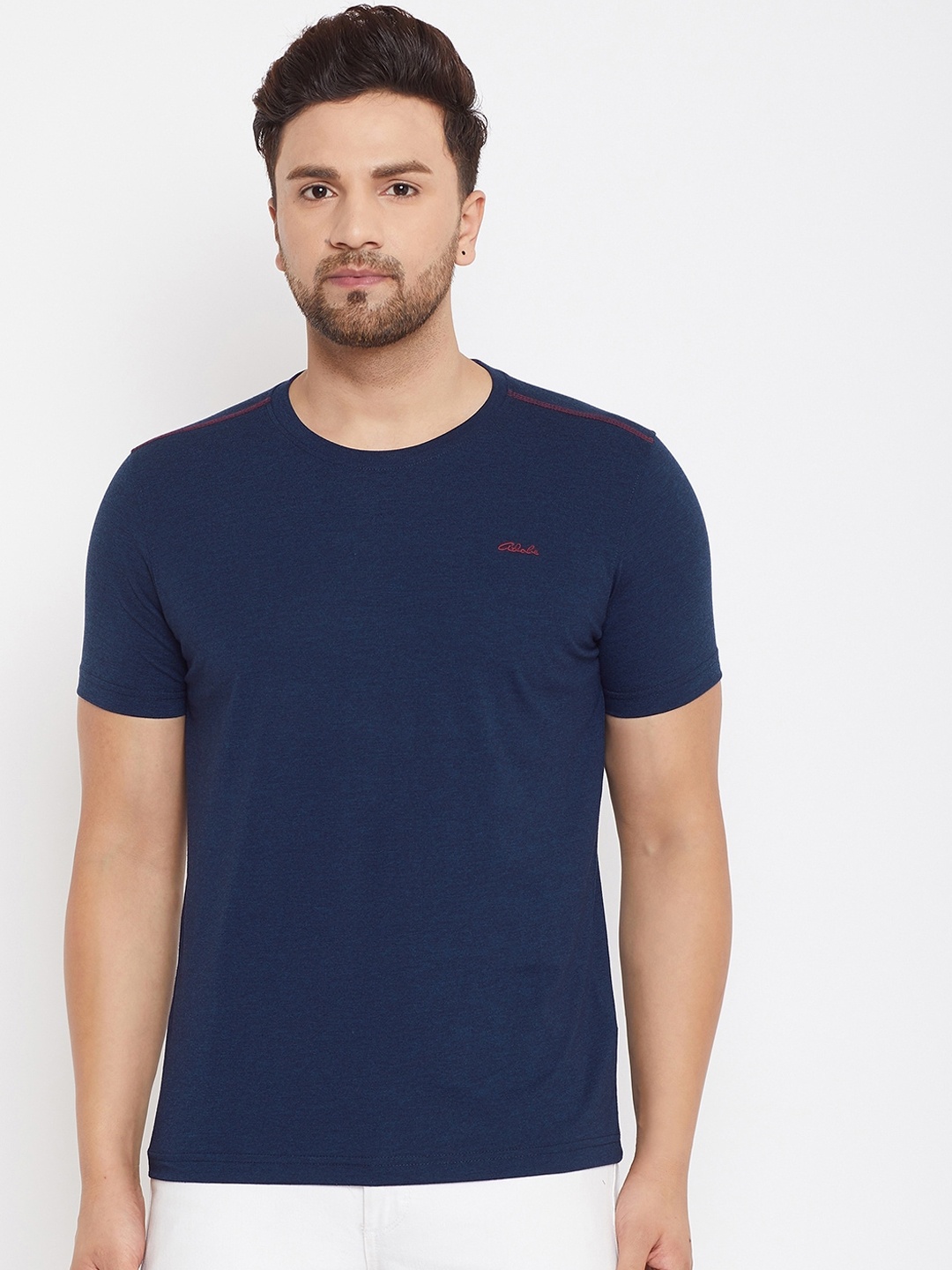 Adobe Men Navy Blue Solid Round Neck T-shirt