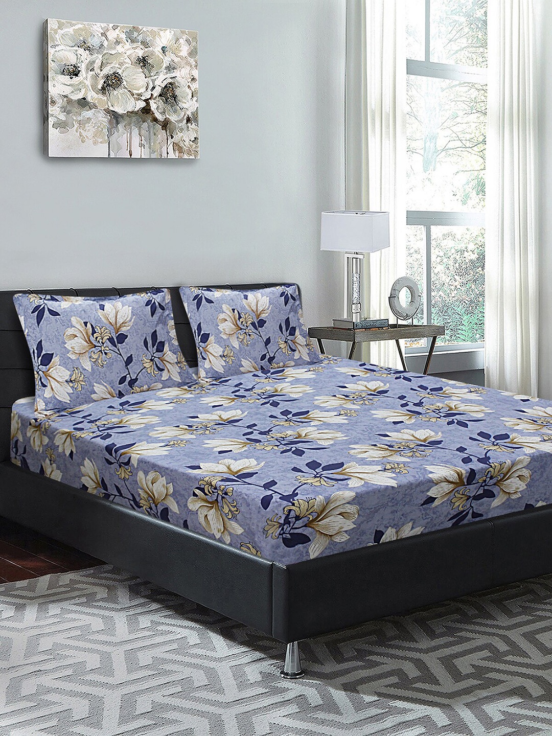 

Good Homes by Home Candy Blue Floral 144 TC Cotton 1 King Bedsheet with 2 Pillow Covers