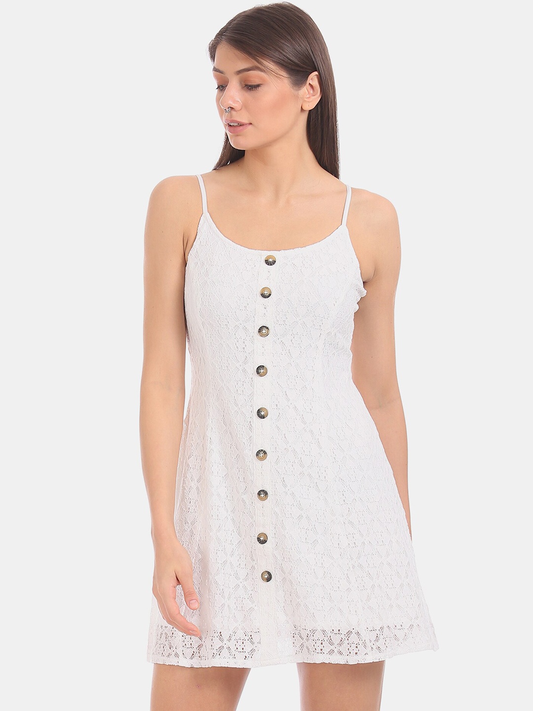 

Aeropostale Women White Self Design A-Line Dress