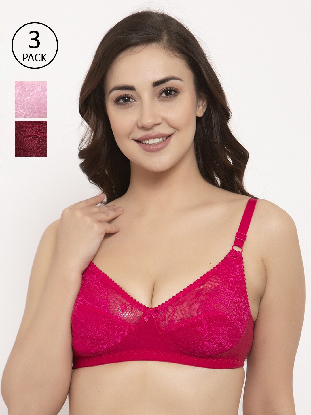 

GRACIT Pack Of 3 Lace Non-Wired Non Padded Everyday Bras PW3-07-10-14, Pink