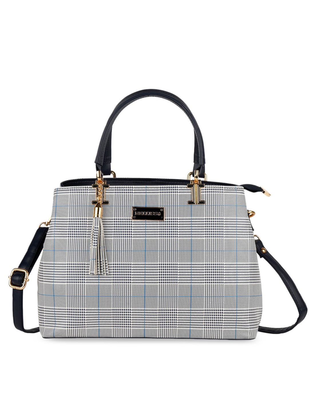 

Bellissa Navy Blue & Grey Checked Design Handheld Bag