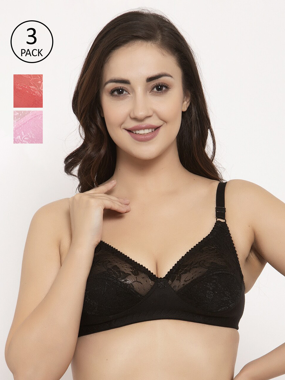 

GRACIT Pack Of 3 Self Design Non-Wired Non Padded Everyday Bras PW3-01-10, Black