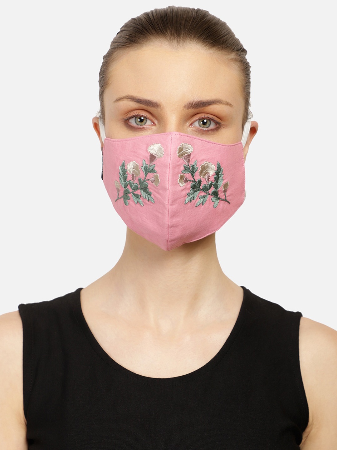 

Anekaant Women Pink & Green 3-Ply Embroidered Reusable Cotton Cloth Mask