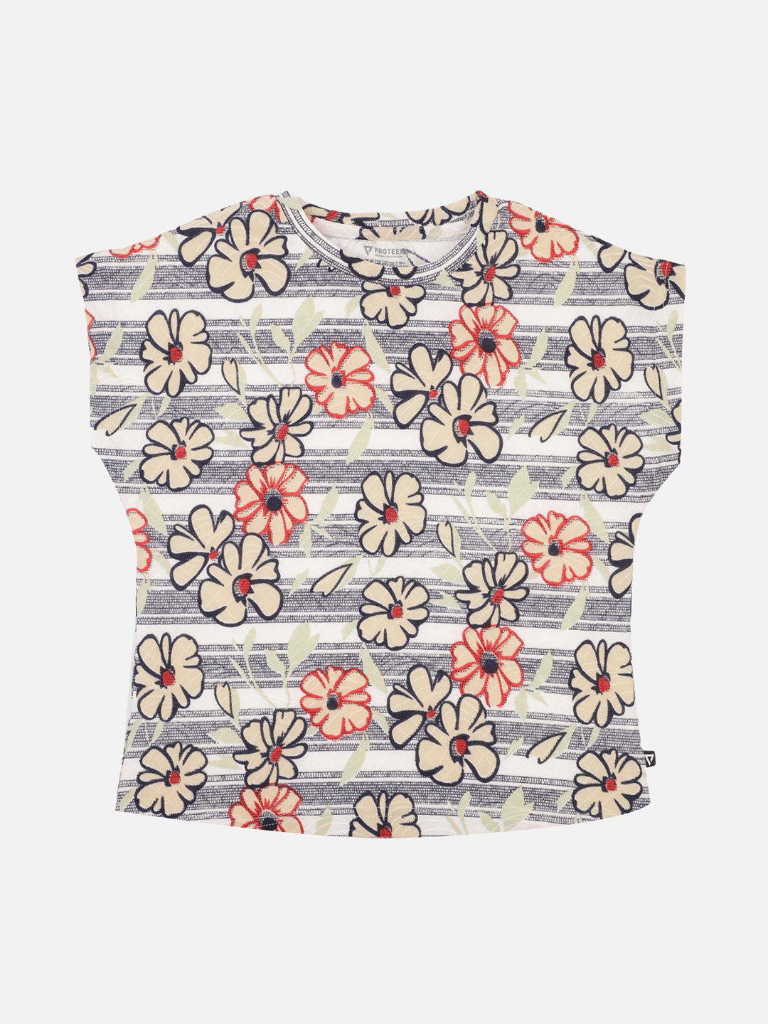 

PROTEENS Girls Cream-Coloured & Navy Blue Floral Printed Round Neck T-shirt