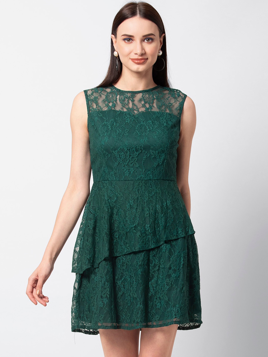 

FabAlley Women Green Self Design Fit and Flare Dress