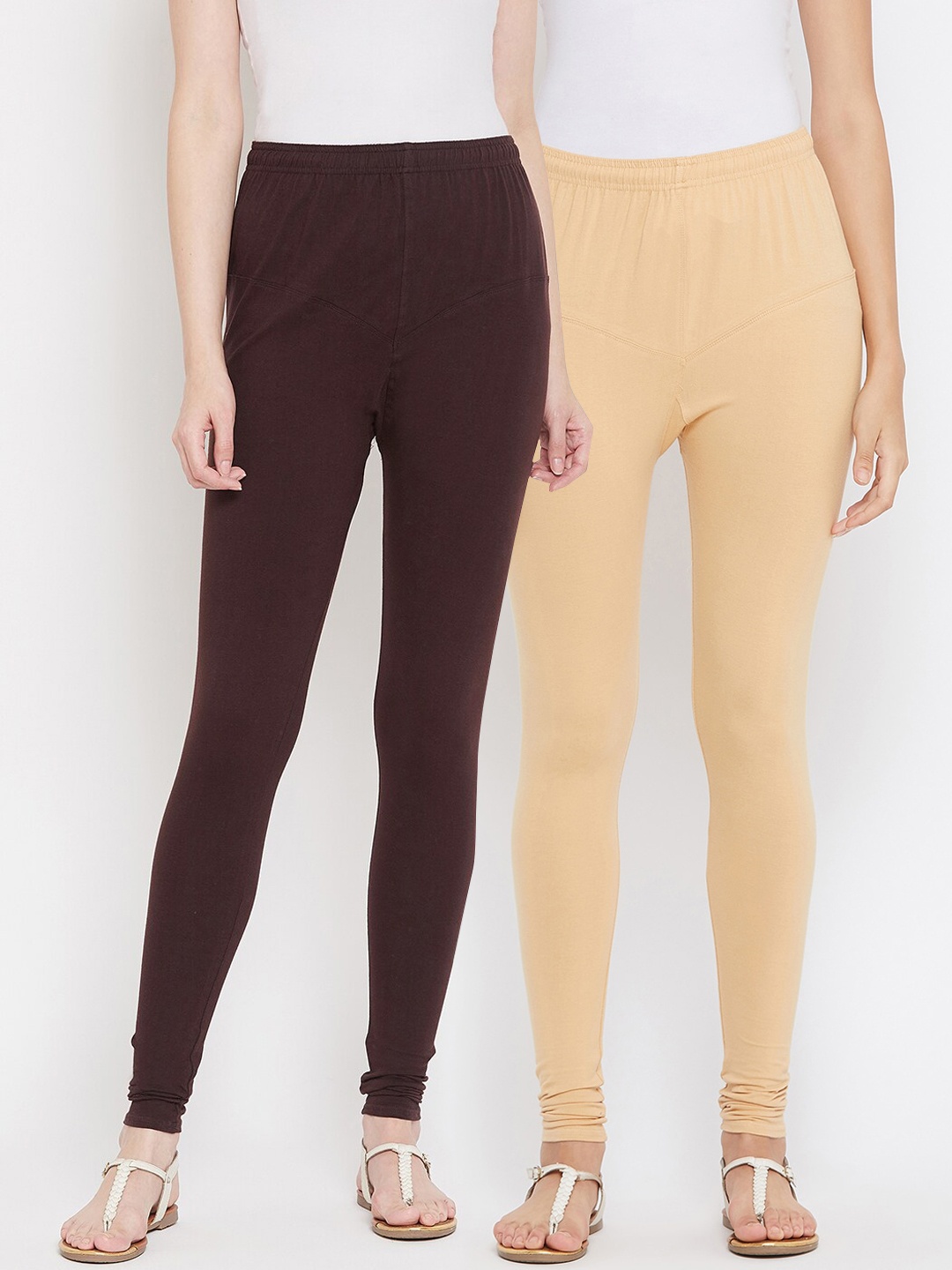 

Tulsattva Women Pack Of 2 Solid Churidar-Length Leggings, Coffee brown