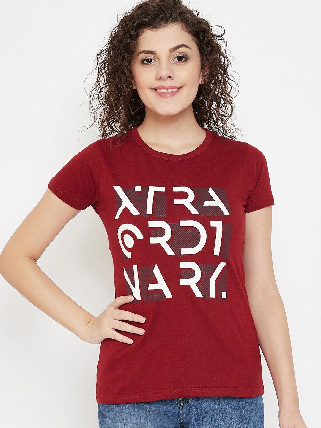 

Purple Feather Women Maroon Printed Round Neck T-shirt