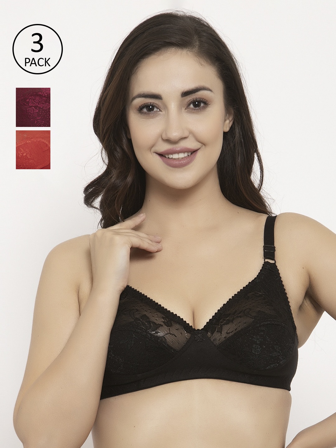 

GRACIT Pack Of 3 Lace Non-Wired Non Padded Balconette Bra PW3-01-03-14, Black