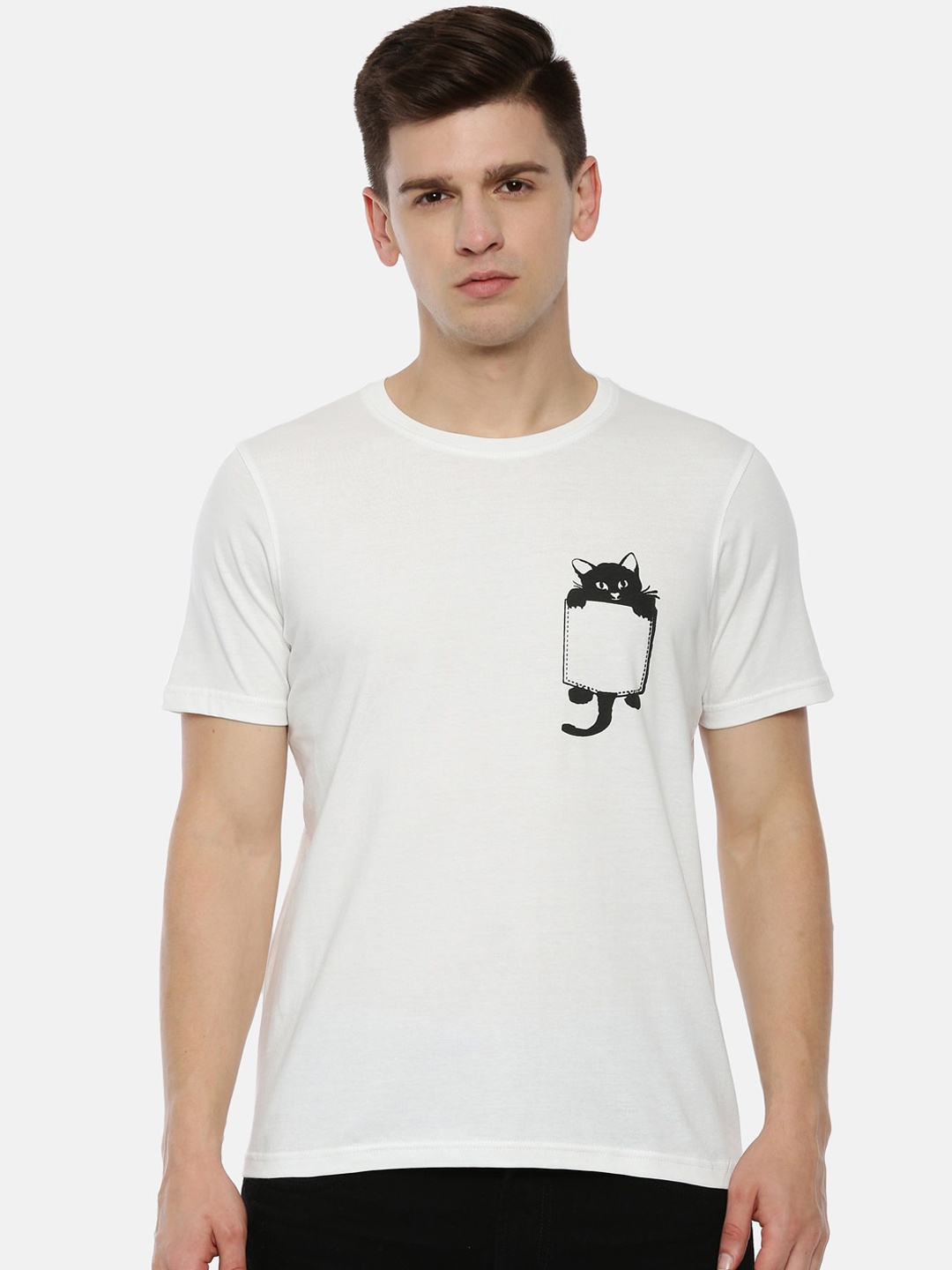 Bushirt Men White Printed Round Neck Pure Cotton T-shirt