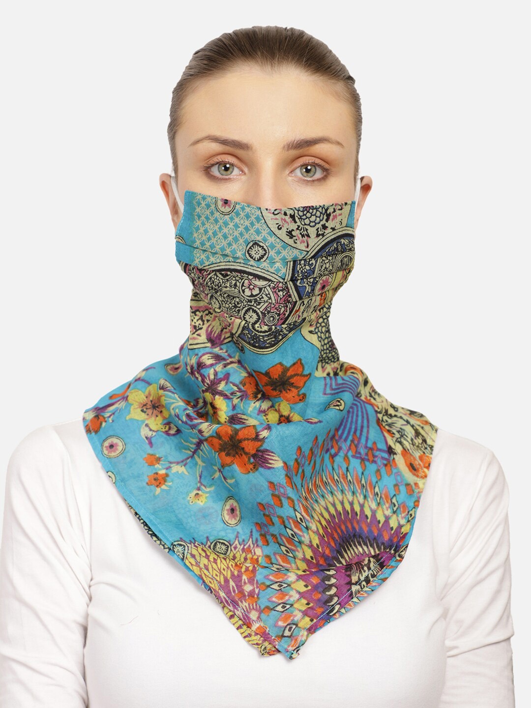 Anekaant Women Single 3-Ply Reusable Printed Cotton Scarf Style Fashion Mask, Blue