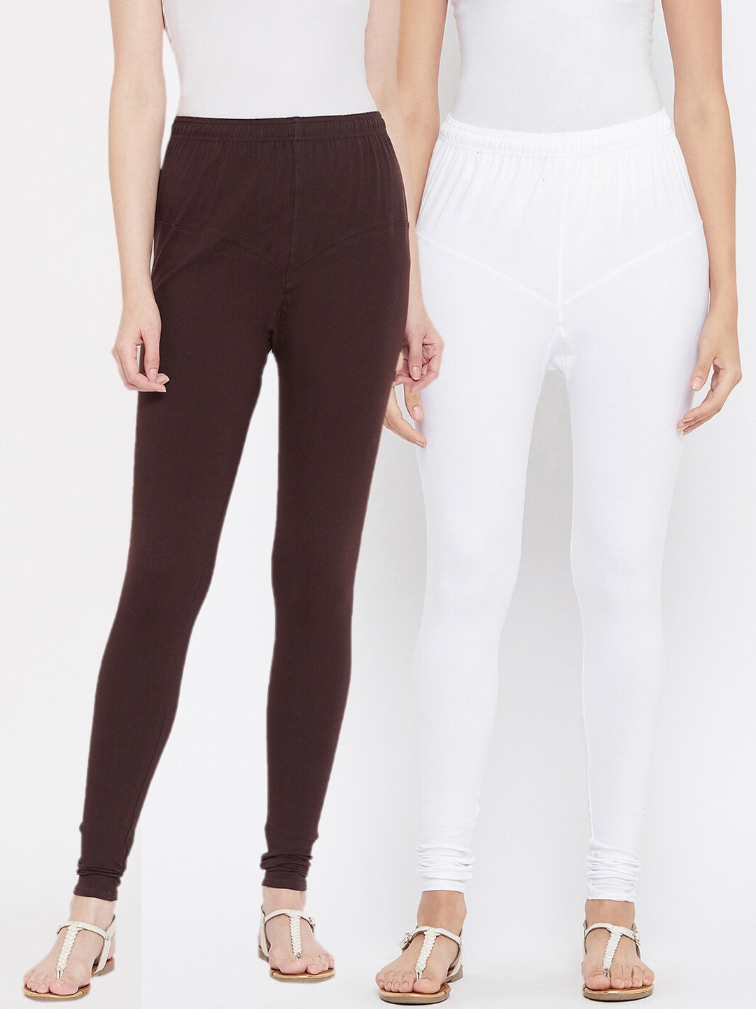 

Tulsattva Women Pack Of 2 Solid Churidar-Length Leggings, Coffee brown