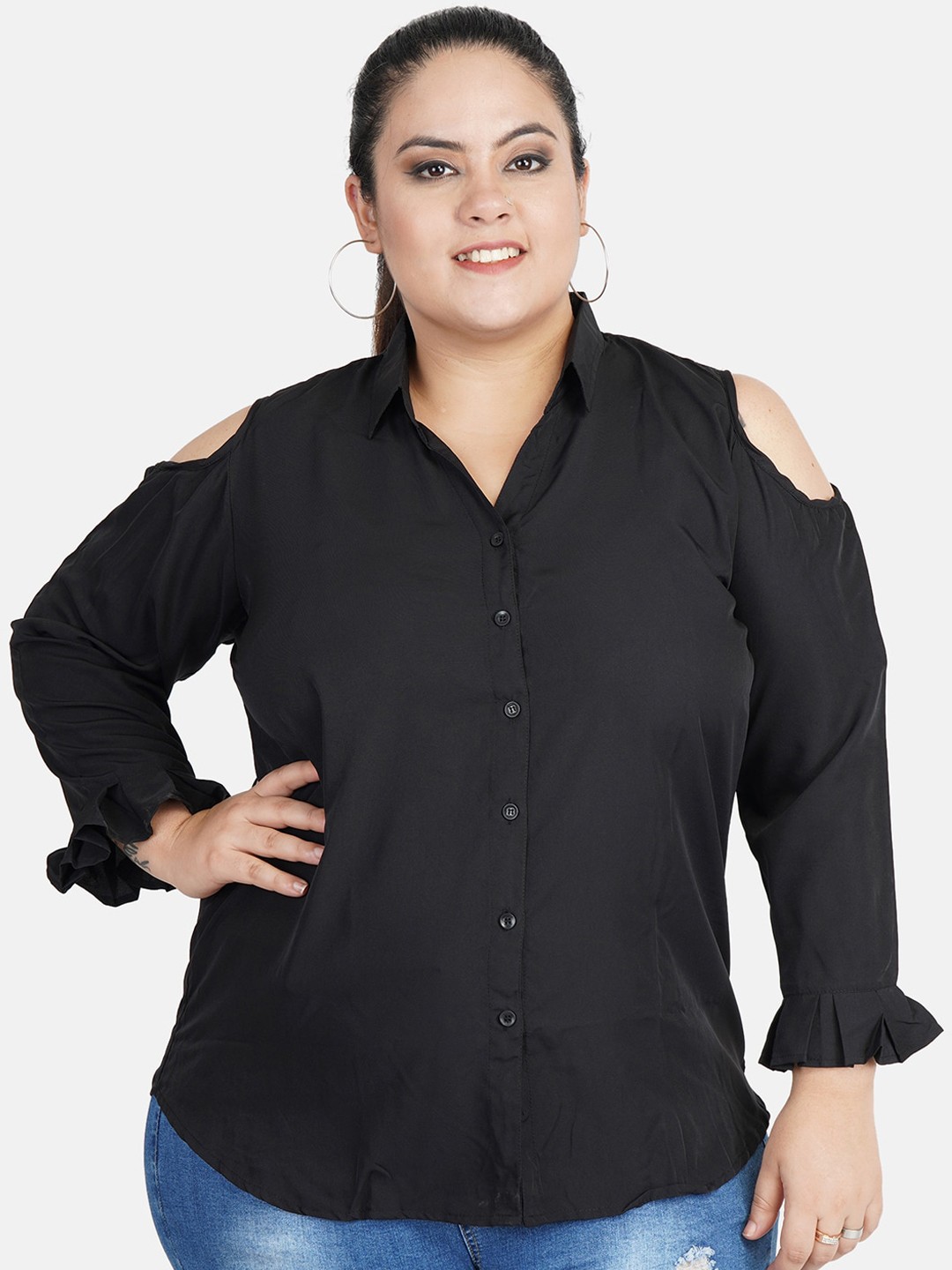 

Indietoga Women Black Relaxed Slim Fit Solid Casual Plus Size Shirt
