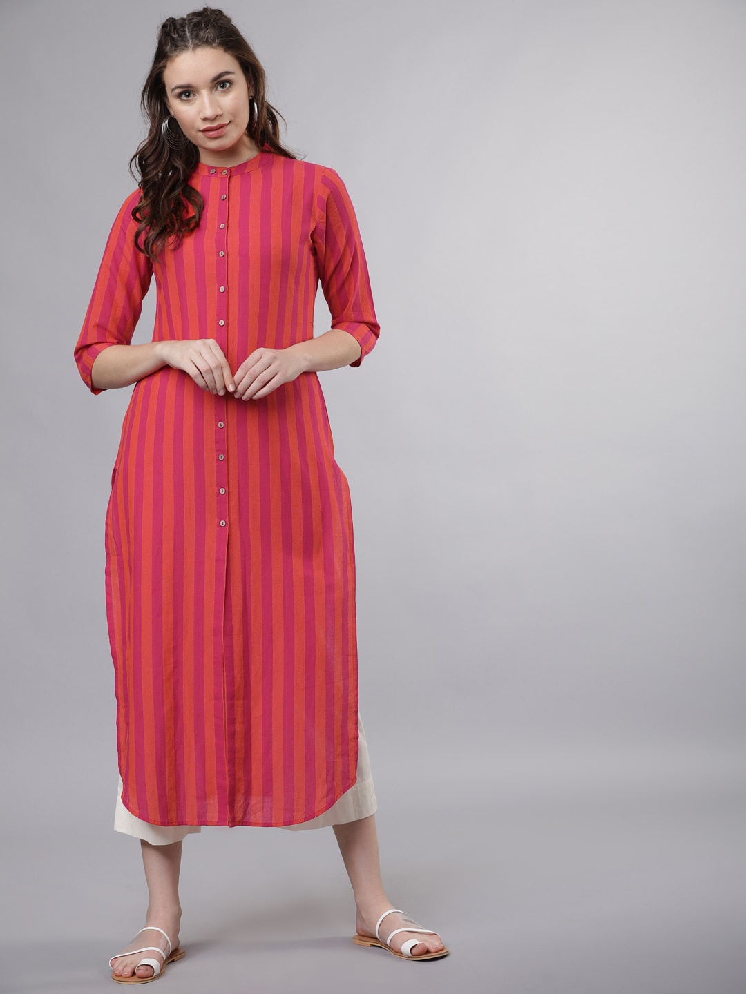

Vishudh Women Pink & Orange Striped Straight Kurta