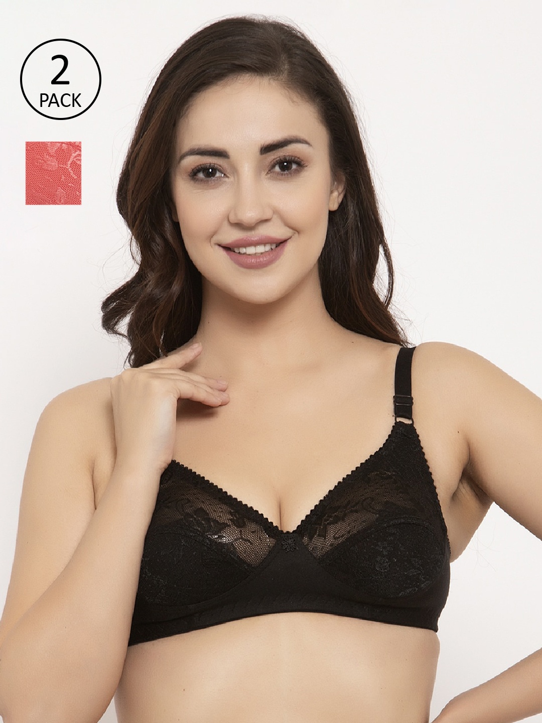 

GRACIT Pack Of 2 Self Design Non-Wired Non Padded Balconette Bra PW3-01-15, Black
