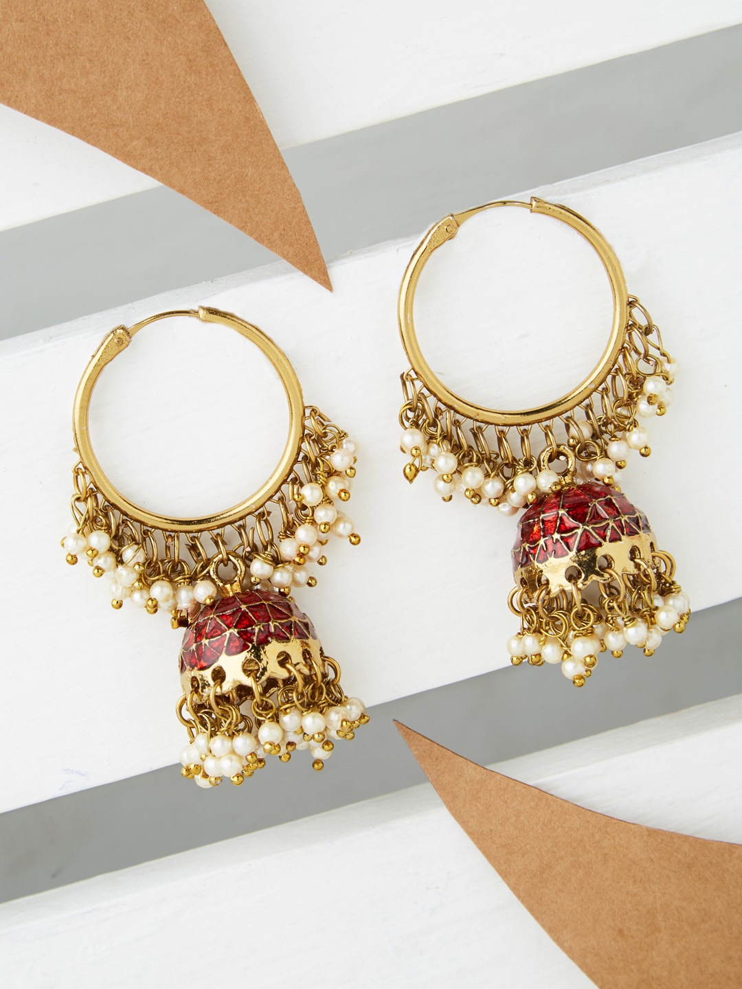 

Fida Gold-Plated & Red Dome Shaped Jhumkas