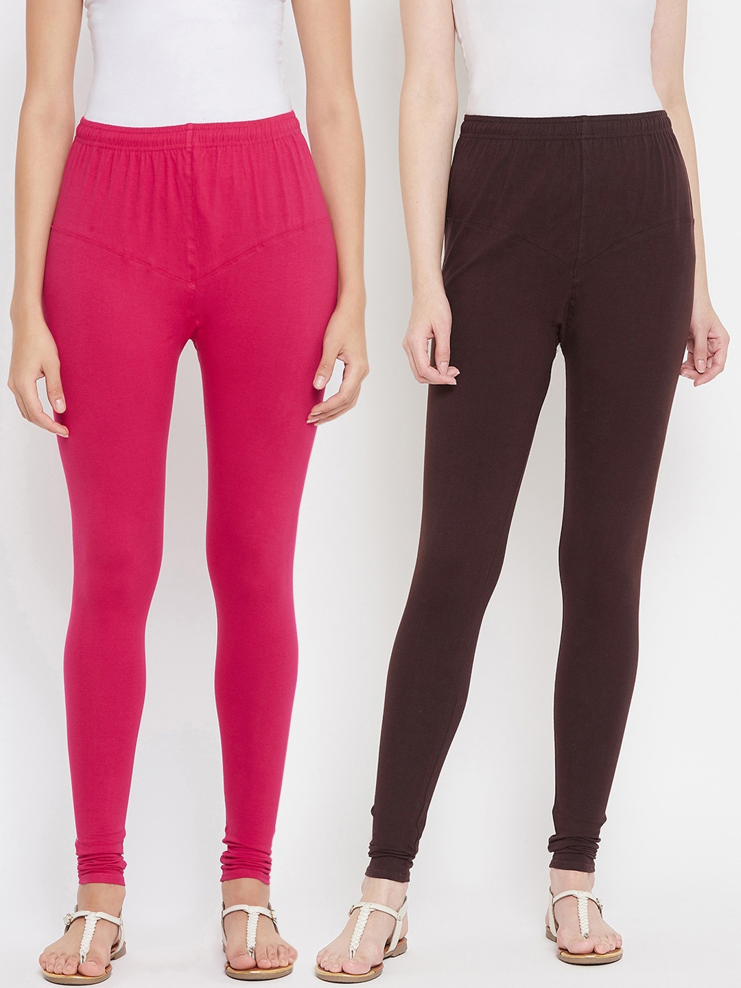 

Tulsattva Women Pack Of 2 Solid Churidar-Length Leggings, Coffee brown