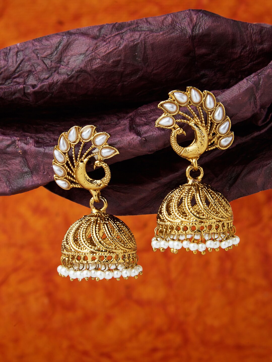 

Fida Gold-Plated & White Peacock Shaped Drop Earrings