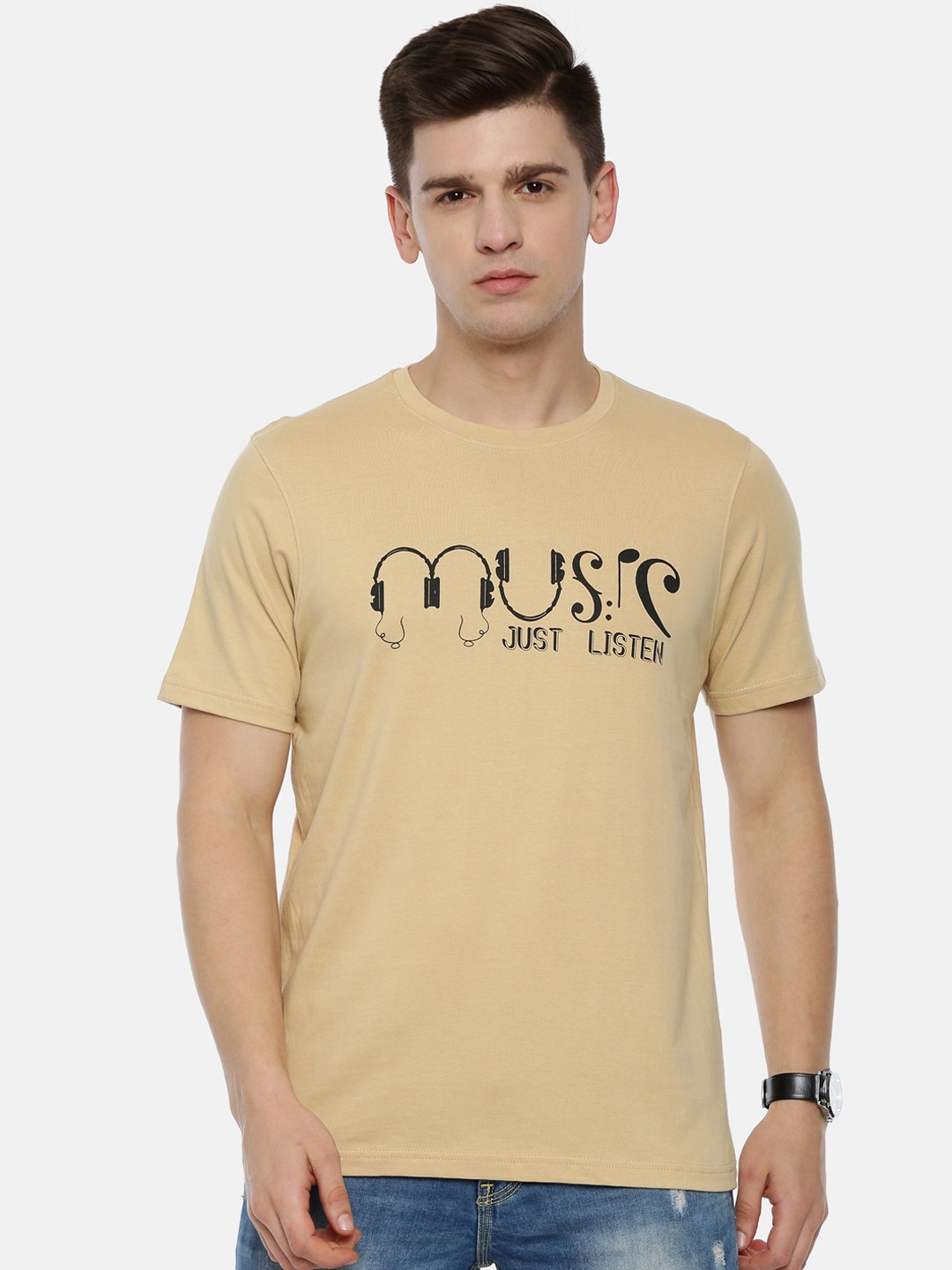 

Bushirt Men Beige Printed Round Neck Pure Cotton T-shirt