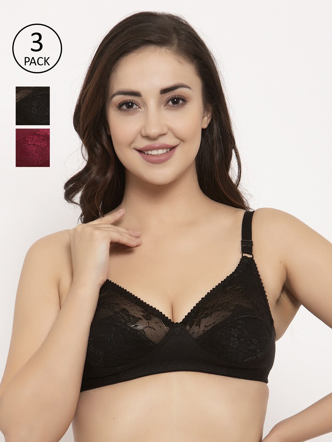 

GRACIT Pack Of 3 Lace Non-Wired Non Padded Everyday Bras PW3-01-01-14, Black