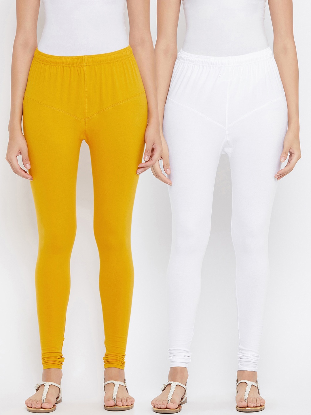 Tulsattva Women Pack Of 2 White & Yellow Solid Churidar-Length Leggings