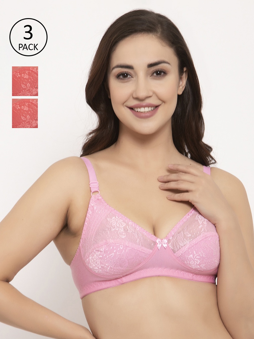 

GRACIT Pack of 3 Lace Non-Wired Non Padded Everyday Bras PW3-10-10-15, Pink