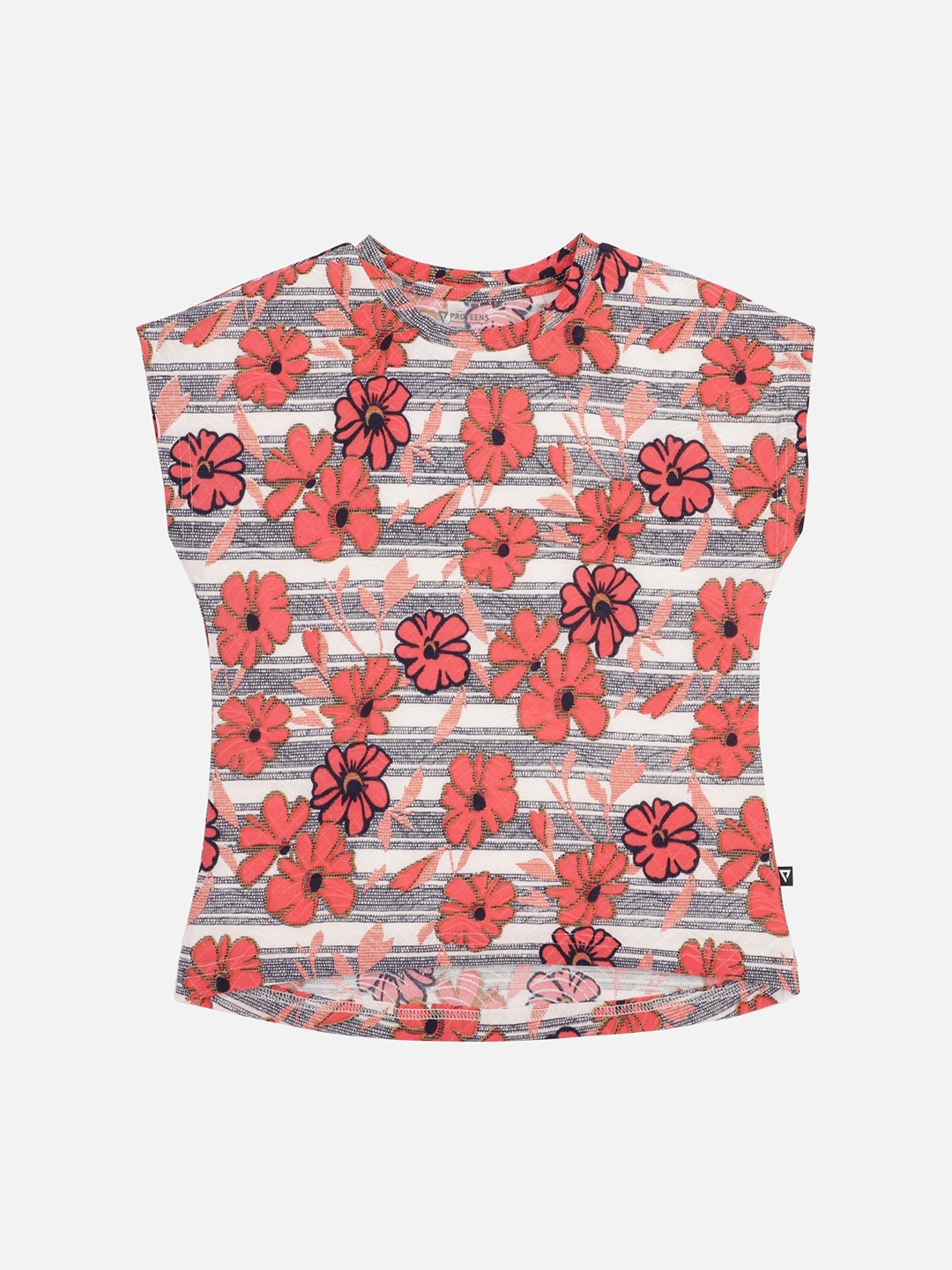 

PROTEENS Girls Cream-Coloured & Pink Floral Printed Round Neck T-shirt