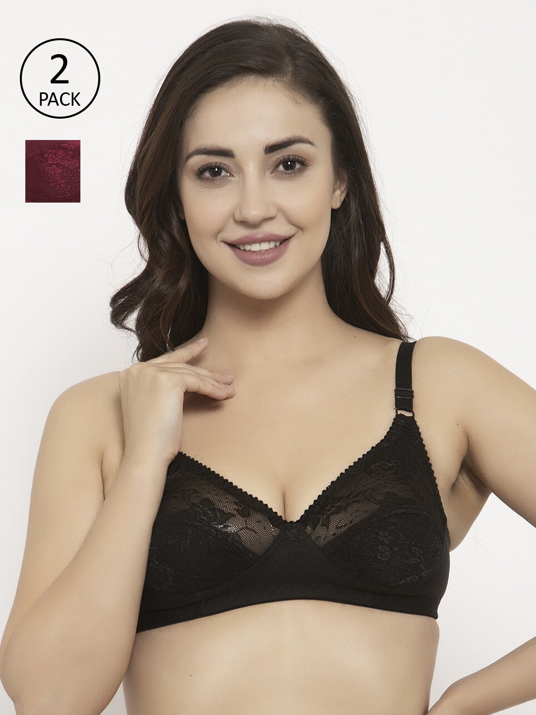

GRACIT Pack Of 2 Self Design Non-Wired Non Padded Balconette Bra PW3-01-14, Black