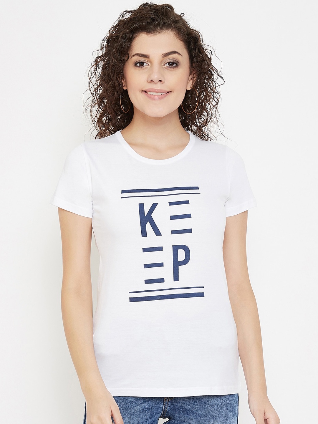 

Purple Feather Women White Printed Round Neck T-shirt